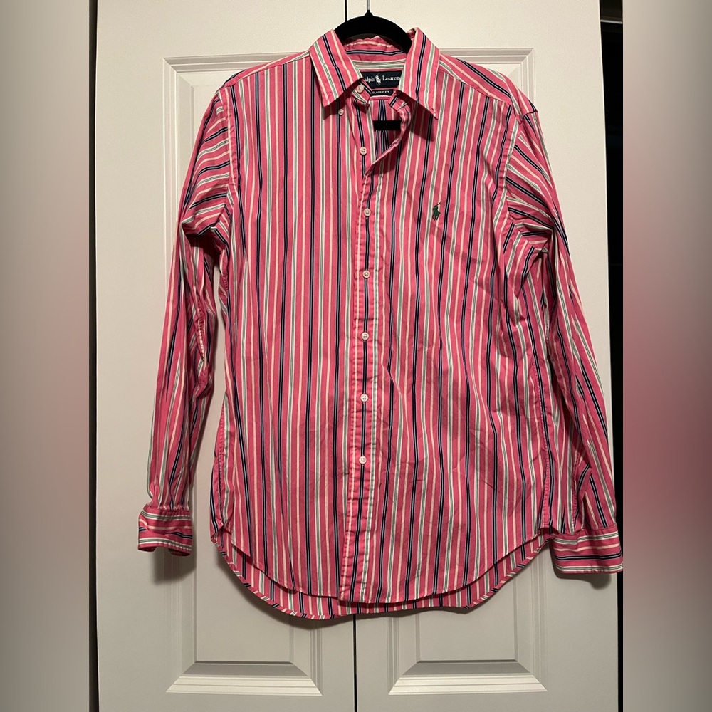 Ralph Lauren Men's Pink Multicolored Striped Button Down Shirt M